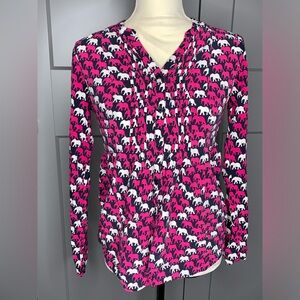 Crown & Ivy Pleated Shirt Women’s XS Long Sleeve Elephant Print Roll Sleeve Tabs